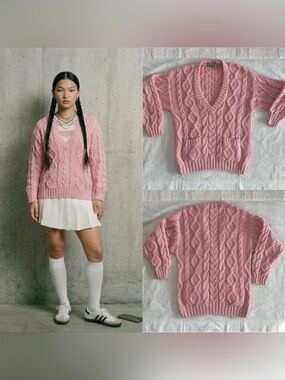 Vintage 80s Forenza Chunky Cable Knit V-Neck Sweater S-M Pink Blokette Preppy